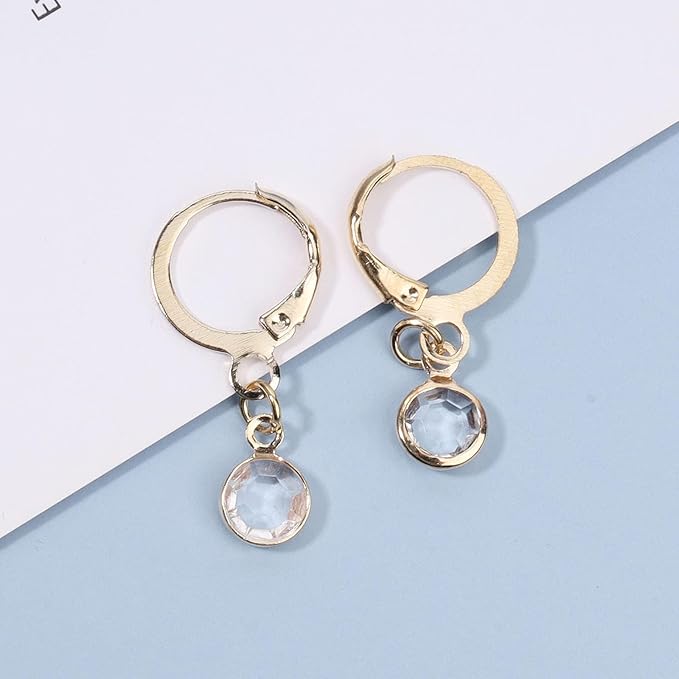 Round Bezel Dangle Earrings Gold Crystal Quartz Earrings Faceted Gemstone Earrings Tiny Circular Leverback Earrings Jewelry for Women and Girls