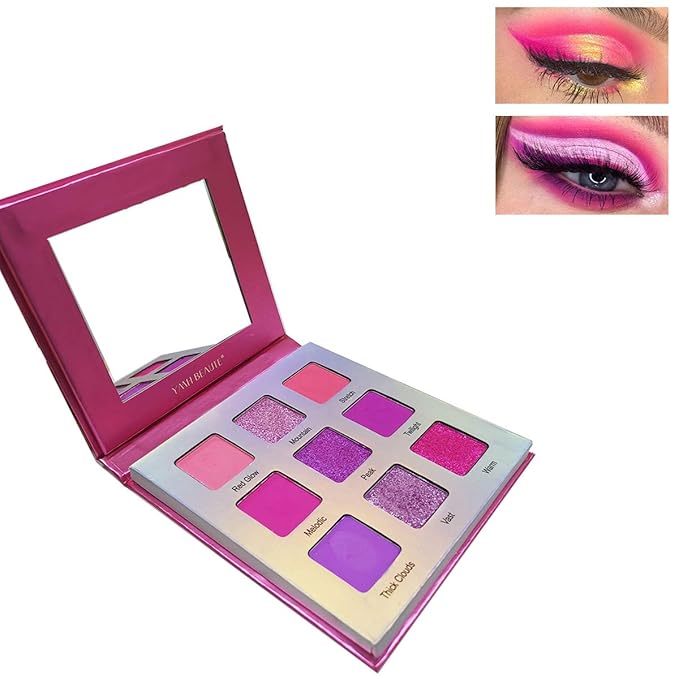 Highly Pigmented Eyeshadow Palette, 9 Color Bright Eye Makeup Palette Colorful Matte Eye Shadow Palettes Long Lasting Waterproof Cruelty-free, Rainbow (Pink)