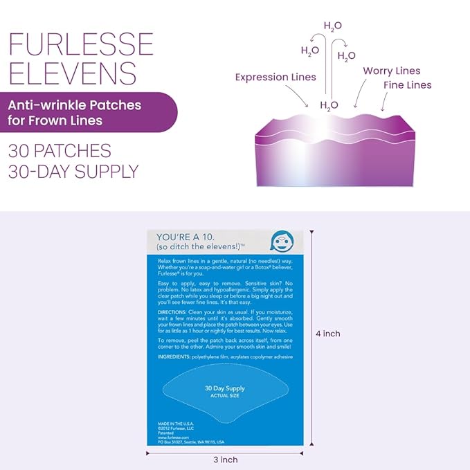 Furlesse Elevens Wrinkle Patches, Overnight Wrinkle Patches for Frown Lines, Non-Invasive Anti-Wrinkle Patches, Anti-Aging Skincare, 30 Patches, 30-Day Use