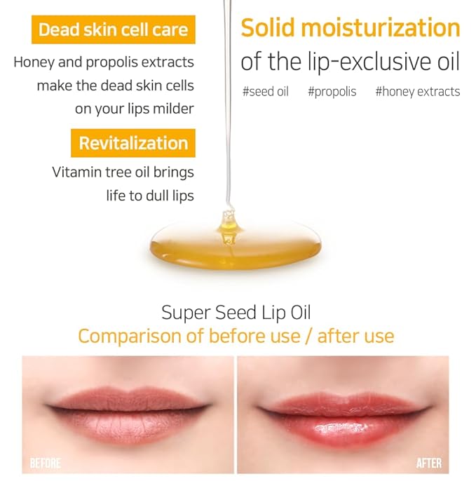 PETITFEE Lip Oil Super Seed | 0.10 Oz | Glass Lip, Healthy Lip Care, Moisturizing Lip Oil with Honey, Propolis, Herbal Oil, Glowy, Revitalizing, Calming Lip, Non-sticky, Non-artificial Colors