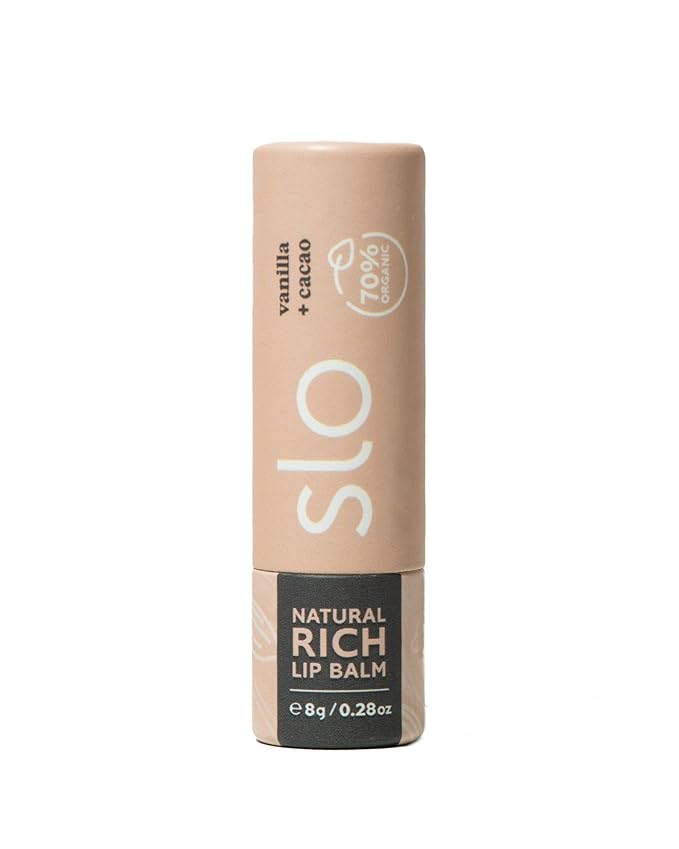 Slo | Natural Lip Balm - All Natural Ingredients, Vegan & Cruelty Free, Hydrating & Soothing, Plastic Free, Paper Packaging | Vanilla + Cacao, 0.28oz