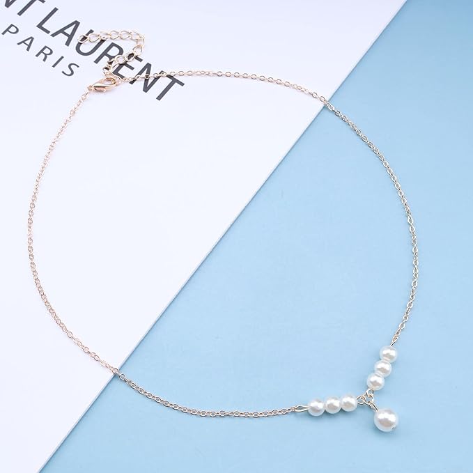 Vintage Pearl Pendant Necklace Gold Pearl Beads Necklace Freshwater Cultured Pearl Chain Necklace Pearl Bar Necklace Chain Jewelry for Women and Girls