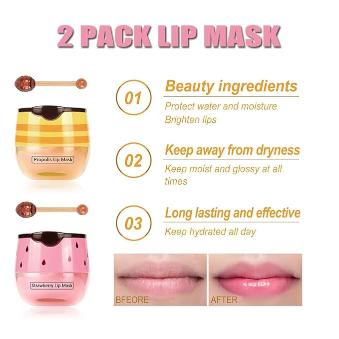 4 PCS Bee Lip Mask Balm Honey Pot, Strawberry & Honey Lip Masks Hydrating Prevention Dry and Cracked Lip Scrubs Exfoliator, Lip Exfoliating Sleeping Lip Mask, Moisturizing Lip Reduces Lip Lines