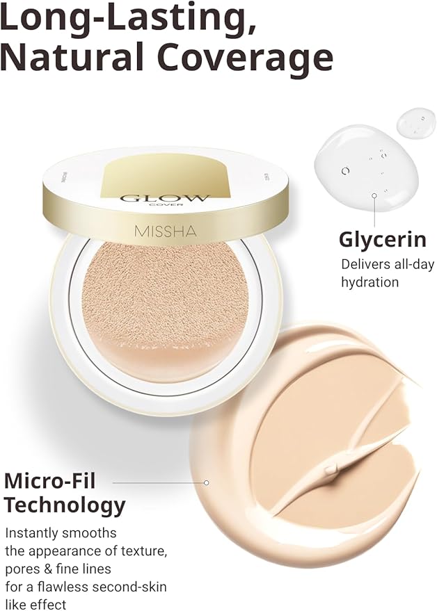 MISSHA Glow Cushion No.13 Light Beige for Fair Skin Radiant & Moisturizing Skin with Buildable Coverage