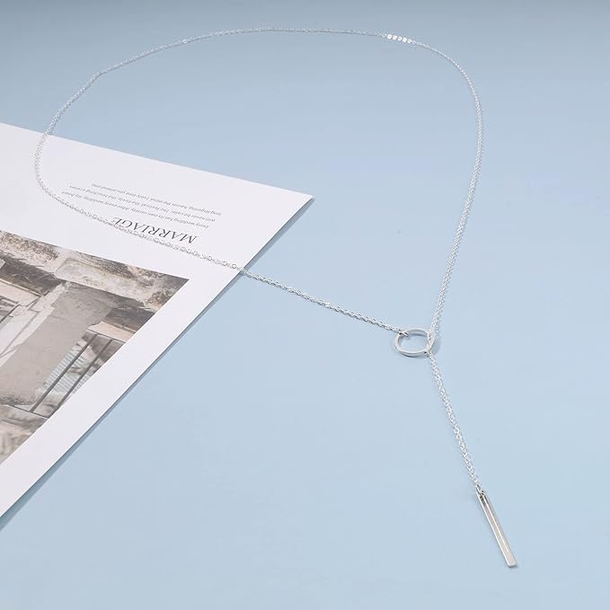 Boho Circle Bar Lariat Necklace Silver Drop Bar Y Necklace Open Circle Necklace Long Vertical Bar Necklace Chain Jewelry for Women and Girls Gifts