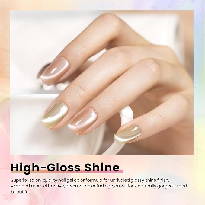RARJSM Nude Jelly Glass Cat Eye Gel Nail Polish Set 6Pcs Champagne Gold Rose Blush Metal Pink Red Smoothie Ceramics Cateye Silver Glitter Gelpolish with Magnetic Stick UV LED Curing Require Home Salon