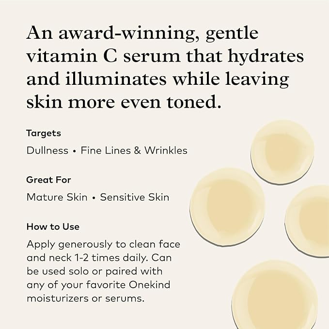 Onekind Radiant C Face Serum, Anti-Aging Facial Treatment with Hyaluronic Acid, Tetrahexyldecyl Ascorbate, Ferulic & Vitamin E, Serum for Dark Spots, Even Skin Tone, Fine Lines & Wrinkles