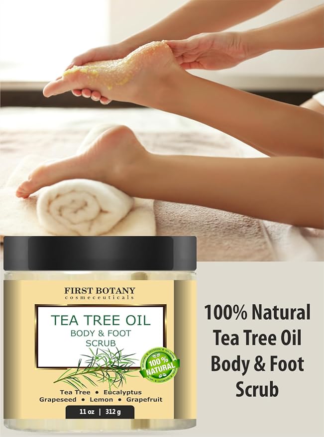 First Botany 100% Natural Tea Tree Oil Body & Foot Scrub with Salt - Best for Acne, Dandruff and Warts, Corns, Calluses, Athlete foot, Jock Itch & Body Odor