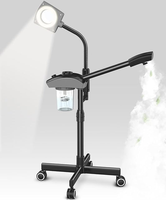 TASALON Professional Ionic Facial Steamer, 2-in-1 Face Steamer for Facial with 5X Magnifying Foldable Arm, Mist Face Steamer Salon Spa Beauty Skin Care Equipment, Aroma Therapy Nozzle Included- Blcak