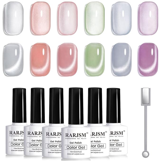 RARJSM Moonlight Cat Eye Gel Nail Polish Set 6 Pcs Smoothie Ceramic Glitter Shimmer Grape Purple Silver White Blue Green Pink Velvet Mirror Cateye Gel Polish with Magnetic Stick UV LED Curing Require