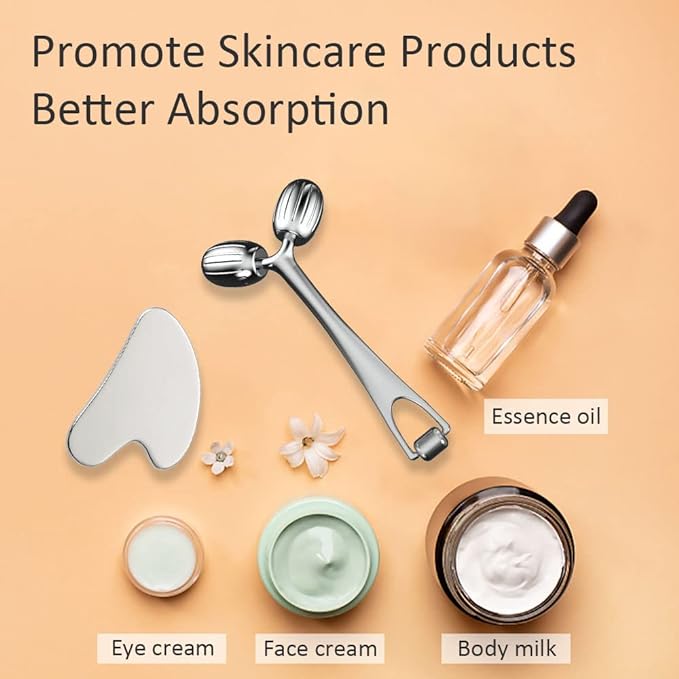 Yeamon Gua Sha Facial Tools and Face Roller Set, Facial Massage Tool for Women’s Skincare Routine,Cooling Stainless Steel Face Sculpting Eyes Roller Guasha for Daily Use or Self-Care Gift for Women
