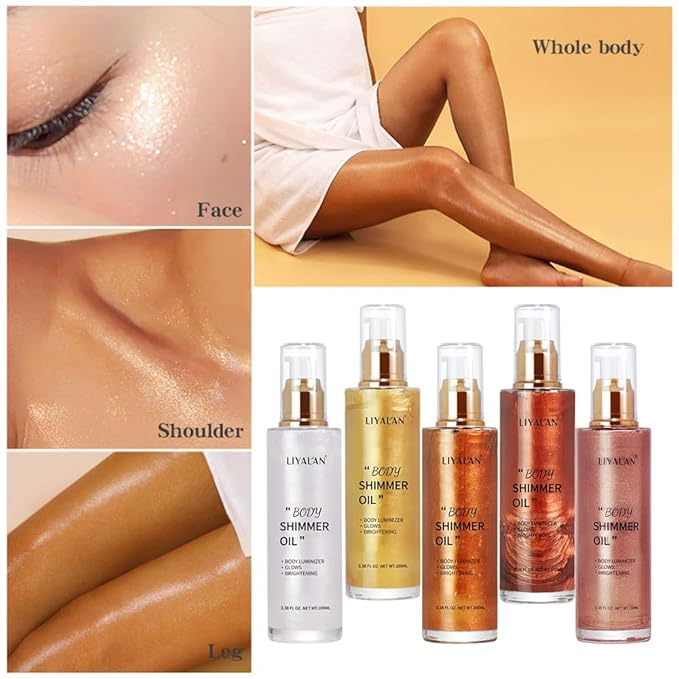 Liyalan Shimmer Body Oil Bronze Gold 5 Color Bronze 3.38 Fl Oz Face Glow Pearl Highlighter Illuminator body Makeup Shine Glitter Gold Liquid Taning