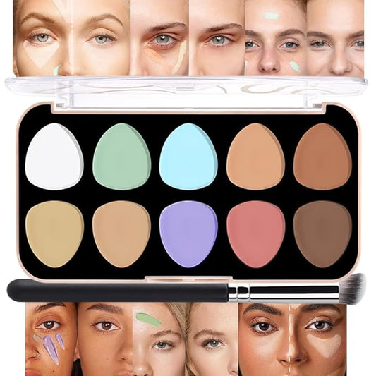 evpct 10 Colors Concealers Full Coverage Cream Contour Palette with Brush for Older Women, Under Eye Color Corrector Tri Color Pot Concealer Palette for Dark Circles Mature Skin Makeup, Waterproof, C1