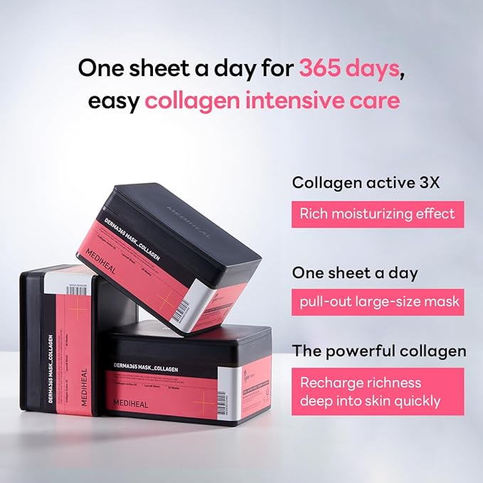 Mediheal Derma 365 Collagen Mask (30 Masks) - Daily Skin Care Mask for Firm Moisturizing to Lift Skin with Collagen Active 3X