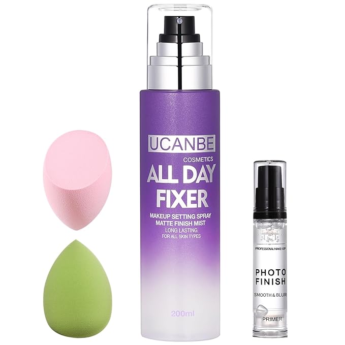 UCANBE Makeup Setting Spray + Face Primer + Make Up Sponge, Gel-Based Hydrating Primer, Lightweight, Long Lasting Matte Finishing Spray,Beauty Blender Set