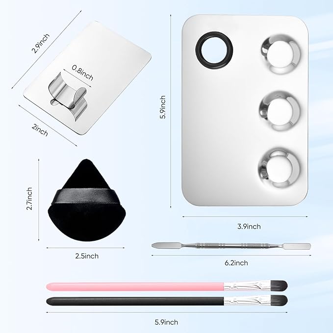 Stainless Steel Cosmetic Palette with Spatula, 3-well Mixing Makeup Palette and 3-dents Nail-art Mixer Metal Tray, also Fine Eyeliner Brush and Powder Puffs .Professional Makeup Palette with Spatula