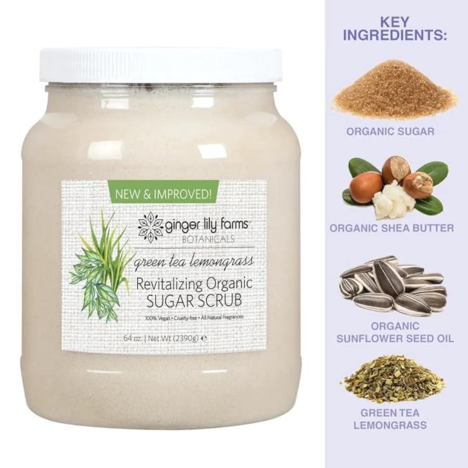 Ginger Lily Farms Botanicals Revitalizing Organic Sugar Scrub, All-Natural Skin Exfoliating Sugar Crystals, 100% Vegan & Cruelty-Free, Green Tea Lemongrass, 64 oz.