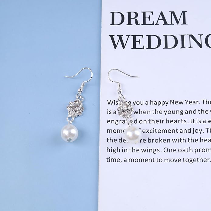 Vintage Rhinestone Pearl Drop Earrings Crystal Flower Dangle Earrings Silver Pearl Earring Cz Flower Hook Earrings Jewelry for Women
