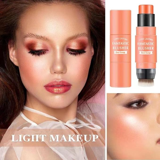 Cream Blush Stick with Brush,Waterproof Multi Cream Makeup Stick,Lightweight,Long-lasting,2 in 1 Multi Blush for Cheeks & Lip Tint & Eyeshadow Makeup(#03 Coral Orange)