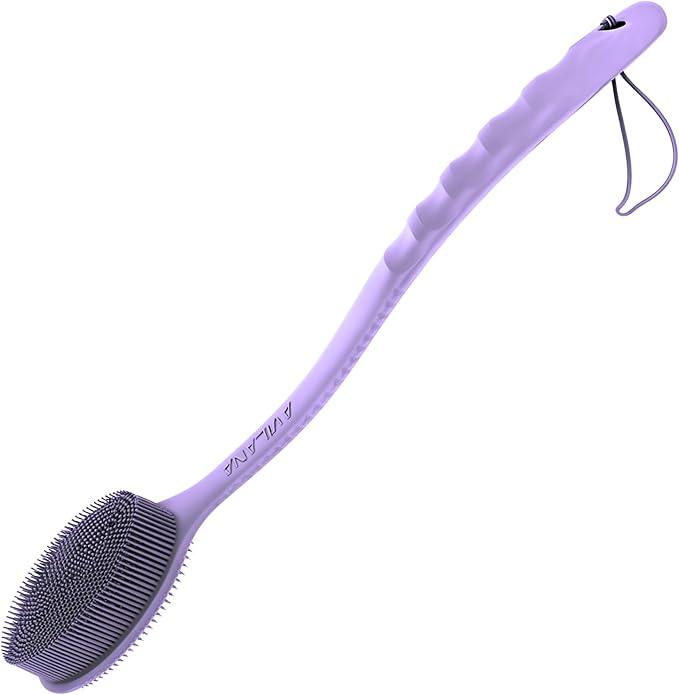 Avilana Silicone Body Scrubber – Gentle Shower Brush & Loofah Alternative- Food Grade & Lab Tested – Fast-Drying, Hygienic, BPA-Free Silicone Body Gentle Exfoliator (Lavender, Long Handle)