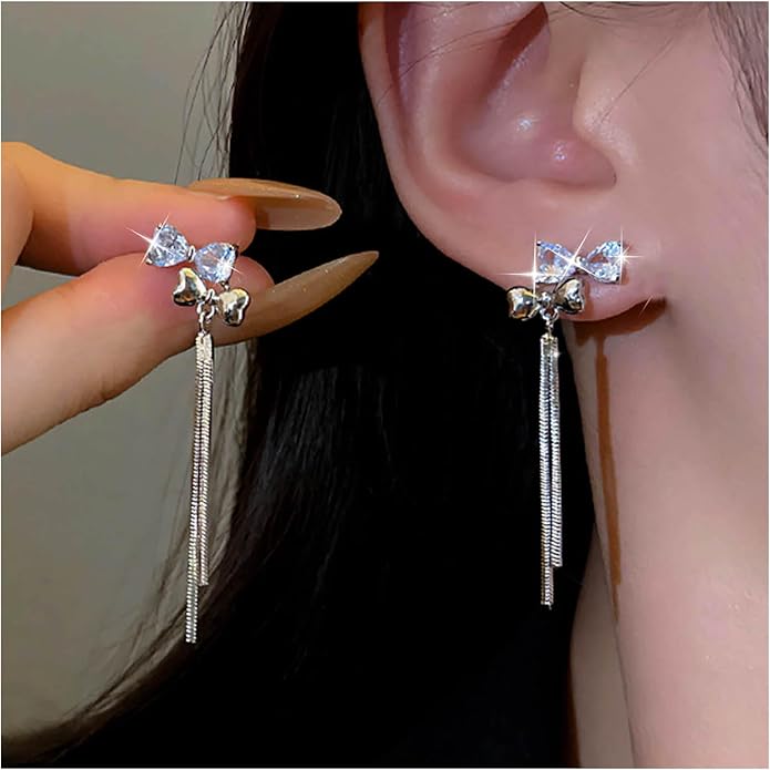 Vintage Crystal Bow Chain Drop Earrings Rhinestone Heart Stud Earrings Silver Long Chain Tassel Earrings Sparkly Cz Bridal Earrings Jewelry for Women