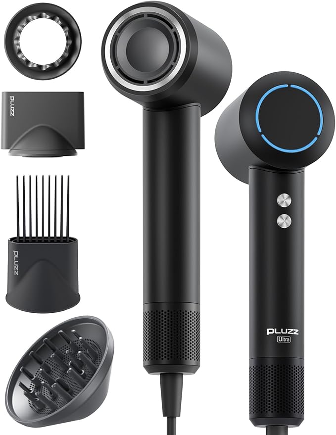Hair Dryer with Comb & Diffuser Attachment for Curly Hair, PLUZZ 200M Negative Ionic Blow Dryer Brush, High-Speed Brushless Motor Hairdryer Fast, Portable Travel Hair Dryers Quiet, Women/Men/Kids