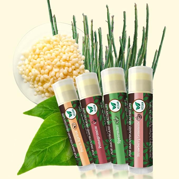 Vegan Lip Balm by Earth’s Daughter, Beeswax Free Lip Balm, Natural, Organic Flavors - 4 Pack of Assorted Flavors, Plant Based Vegan Chapstick, Lip Moisturizer