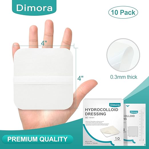 Dimora Hydrocolloid Wound Dressing, 10 Pack Ultra Thin 4" x 4" Large Patch Bandages with Self-Adhesive, Fast Healing for Bedsore, Burn, Blister, Acne Care, Sterile and Waterproof