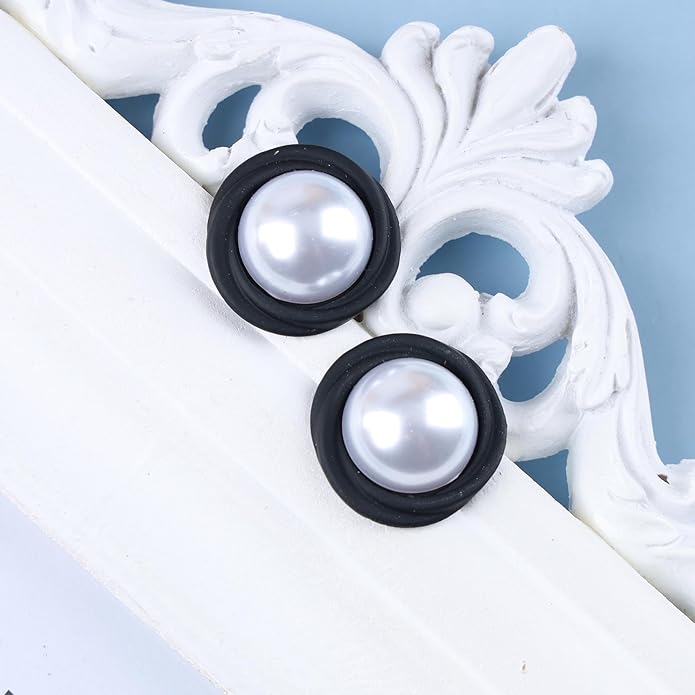 Vintage Mermaid Pearl Stud Earrings Half Pearl Earrings Black Enamel Circle Earrings Mermaid Stud Earrings Jewelry for Women and Girls