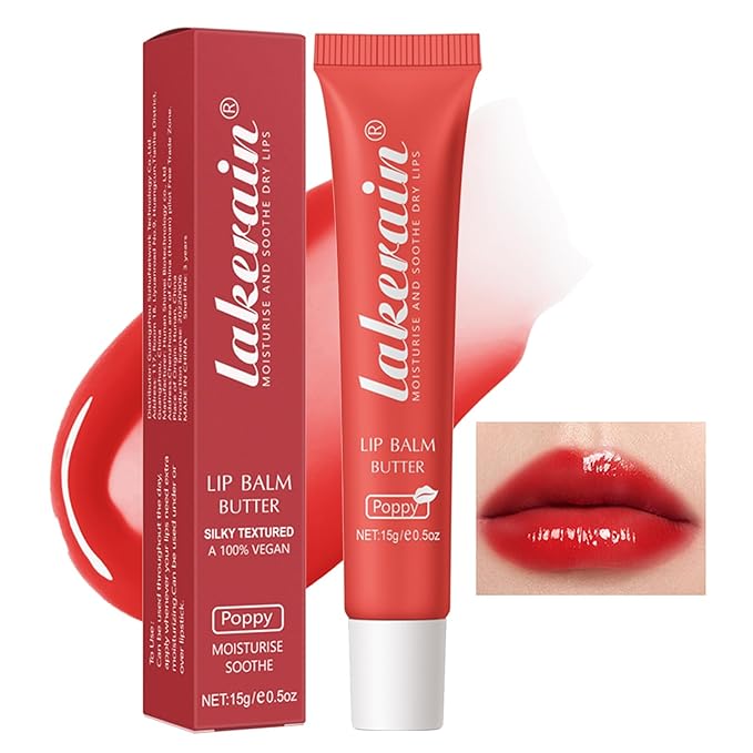 Erinde Lip Butter Balm, Moisture Hydration Lip Butter Gloss, Sheer Tinted Lip Mask and Lip Balm, Soothing Lip Treatment Care Makeup, Shine Lip Glow Oil for Dry, Chapped Lips, 04 Poppy
