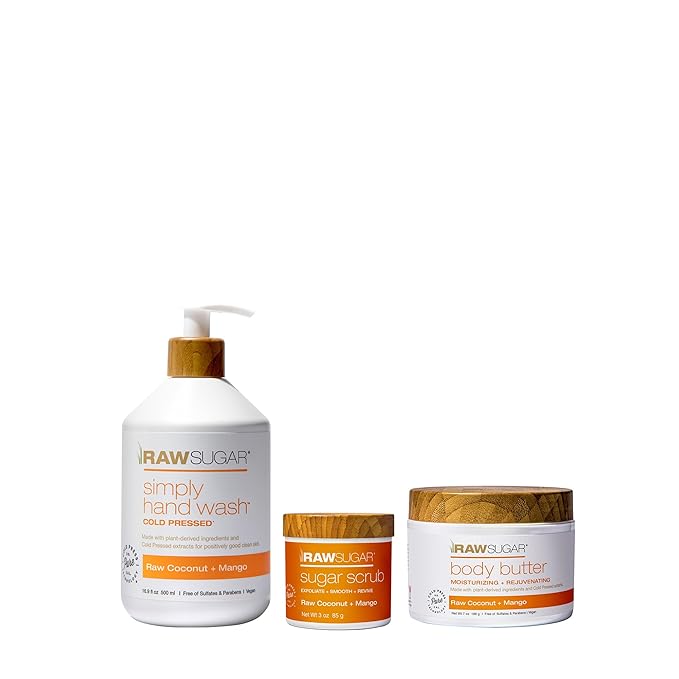 RAW SUGAR Raw Coconut + Mango Hand Soap, Body Scrub & Body Butter Bundle, Body Care for Dry Skin, Exfoliate and Moisturize, Hand Wash + Body Care - Mango, Formulated without Sulates and Parabens