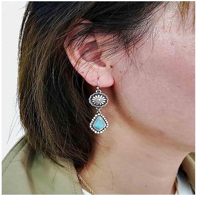 Boho Oval Turquoise Earrings Silver Circle Dangle Drop Earrings Vintage Flower Earrings Tribal Earrings Jewelry for Women and Girls
