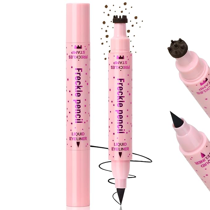 Freckle Stamp with Eyeliner Pen 2 in 1 for Natural Lifelike Faux Freckle Waterproof Fake Freckles Stain Marker for Sunkissed Makeup #Dark Brown&Black