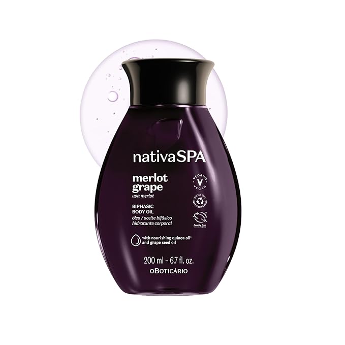 Nativa SPA by O Boticário Merlot Grape Biphase Body Oil, with Quinoa & Grapeseed Oils, Silky Glow with Hydration, 6.7 Ounce (200ml)
