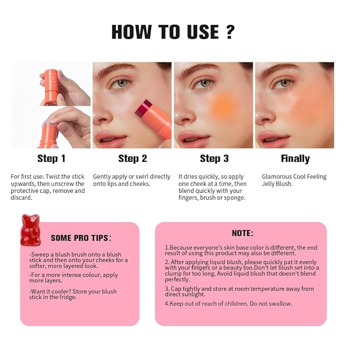 Multi-Use Cooling Water Jelly Blush/Lip Tint & Eye Shadow - Sheer Stain withBuildable Watercolor Finish - Long-Lasting Moisture - 1,000+ Swipes Per Stick - Jelly Texture for Lip & Cheek (Coral)