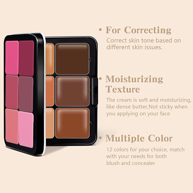 12 Colors Color Correcting Concealer Foundation Palette, Cream Blush and Concealer Palette, Long Wearing Smudge Proof Blendable Matte Finish Blush Powder Highlighter Cream Contour Palette Makeup (02)