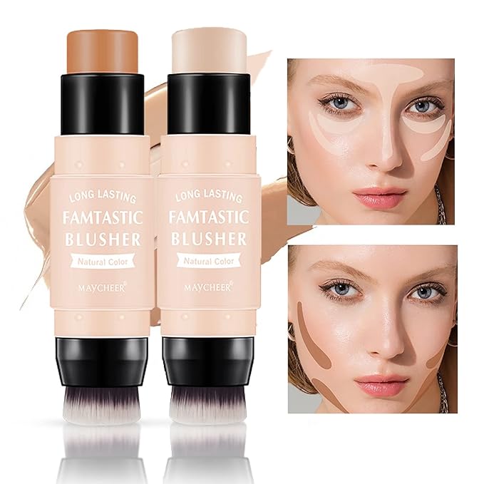 3 Pcs Contour Highlighter Blush Sticks with Brush, Shades with Highlighter & Bronzer Pen & Cream Blush, Waterproof, Longwear Makeup