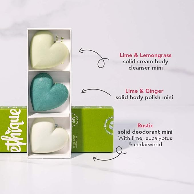 Ethique Body Care Gift Set - Cleanser, Polish & Deodorant, Gifts for women - Plastic-Free, Vegan, Cruelty-Free, Eco-Friendly, 3 Travel Bars 1.59 oz (Pack of 1)