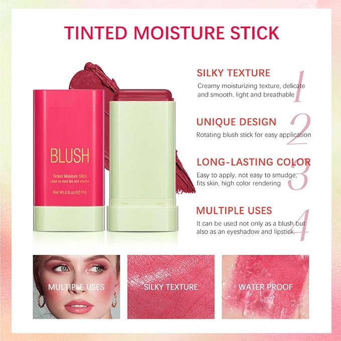 Multi-Purpose Makeup Blush Stick, 3-in-1 Beauty Tinted Solid Blush Stick For Cheeks, Lips And Eyes Waterproof Natural Cream Blush Stick With Long-Lasting Moisturizing Formula (#2Hot Red)