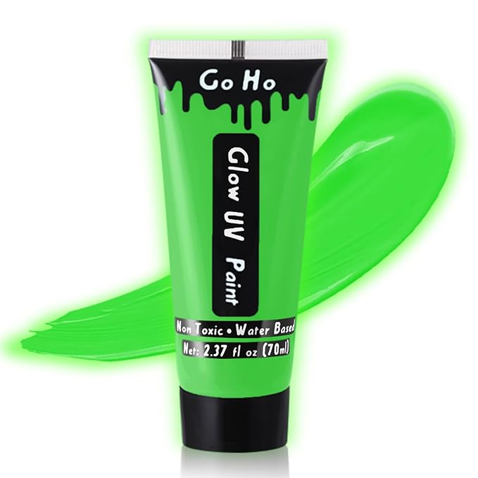 Go Ho Neon Green Body Paint Washable(2.37oz,70ml),under UV Blacklight Neon Face Paint,Water Based Neon Fluorescent Green Face Paint for Adults Children SFX Cosplay Costumes Festivals Halloween Makeup