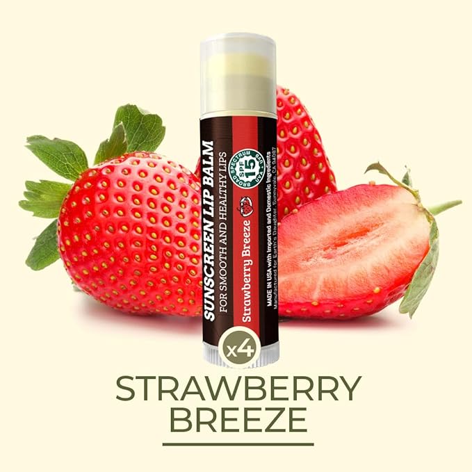 SPF Lip Balm 4-Pack by Earth's Daughter - Lip Sunscreen, SPF 15, Organic Ingredients, Strawberry Flavor, Beeswax, Coconut Oil, Vitamin E - Hypoallergenic, Paraben Free, Gluten Free