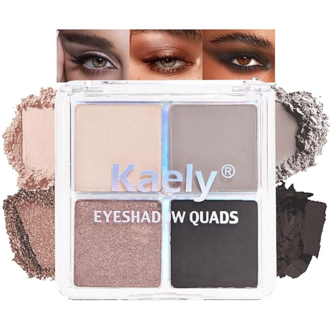 Kaely Powder Eyeshadow Quad, Smoky Black Gray Matte Glitter Eyeshadow Palette Makeup, Neutral Eye Shadow Palette for Older Women Pigmented Waterproof, sombras para ojos, Blendable, Cruelty-free, 07