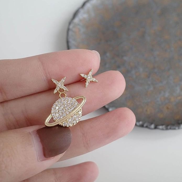 Crystal Saturn Planet Jacket Earrings Vintage Saturn Dangle Earrings Rhinestone Planet Drop Earrings Gold Cz Northstar Stud Earrings Celestial Front Back Earrings for Women Gifts