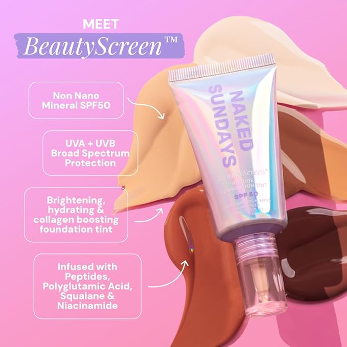 Naked Sundays BeautyScreen™ SPF 50 Mineral Peptide Foundation Tint – 2-in-1 Skin Tint & Mineral Sunscreen | Radiant, Buildable Coverage, Acne-Safe, Infused with Peptides (9.3 Rich Deep, 1.01 oz)