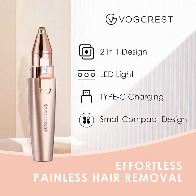 Eyebrow & Facial Trimmer: 2 in1 Rechargeable Facial Hair Removal & Eyebrow Shaver - Body Razor with Built-in LED Light (Rose Gold)