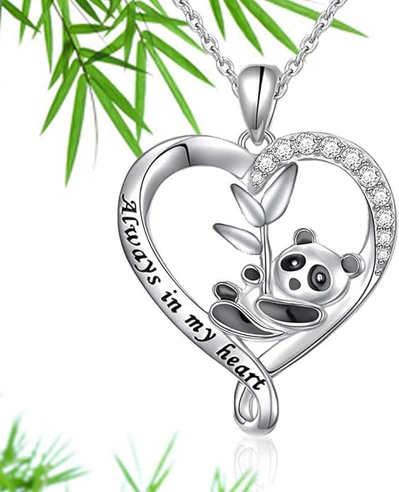 Silver Crystal Panda Necklace Choker Vintage Heart Panda Pendant Cute Animal Necklace Charm Jewelry I Love You Forever Birthday Gifts for Kids Women and Girls