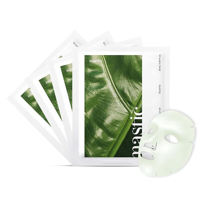 MASTINA White Mastic Face Mask (Heartleaf Calming, 4 pc) Premium Korean Skin Care for Soothing & Deep Moisturization. Sensitive Tired Skin White Mastic Cica Vegan Sheet Masks