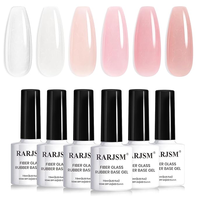 RARJSM Nude Fiber Glass Rubber Base Gel Nail Polish Set 6pcs for Repair Broken Nails Clear Milky White Jelly Rose Pink Strengthener Base Coat Transparent Brush on Building Gel in a Bottle 7.5ml
