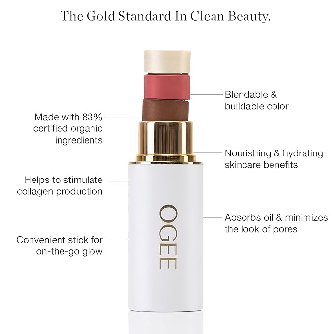 Ogee Sculpted Face Stick (CARNELIAN - SHEER LUMINOUS CORAL) Certified Organic Blush Stick - Multi-Use Cream Blush & Highlighter