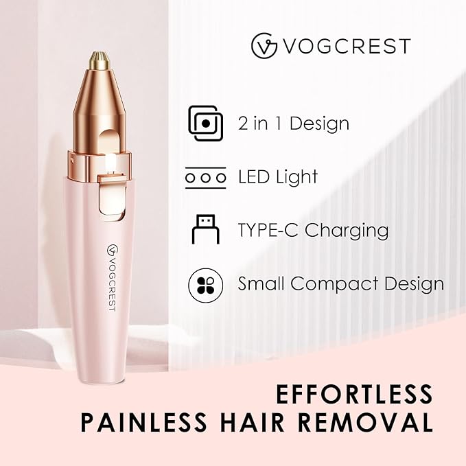 Eyebrow Facial Trimmer: 2 in1 Rechargeable Facial Hair Removal and Eyebrow Shaver - Face Lips Body Painless Facial Razor with Built-in LED Light (Pink)